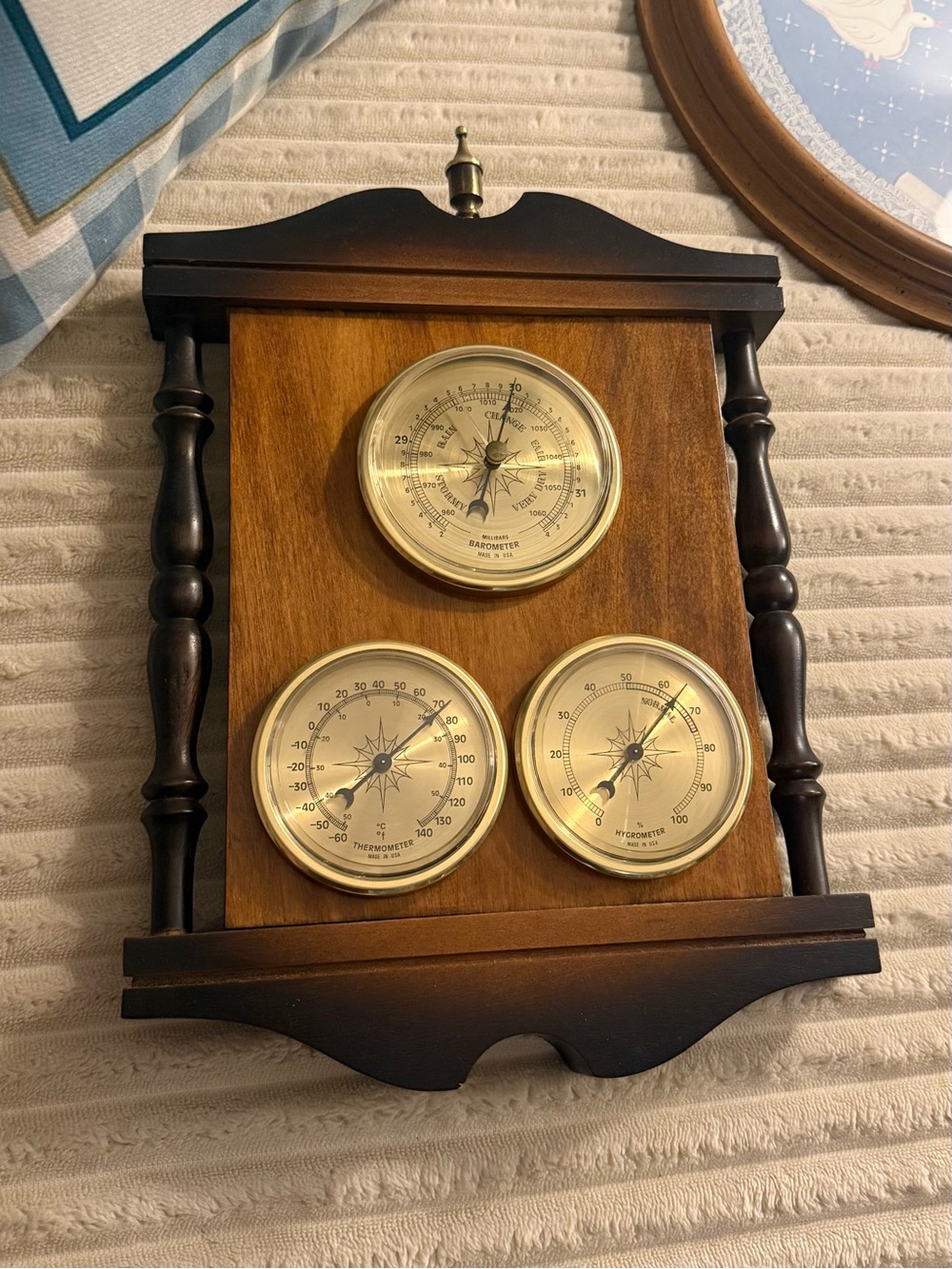 Vintage-Style Wall Weather Station with Brass Dials in Brown and Gold